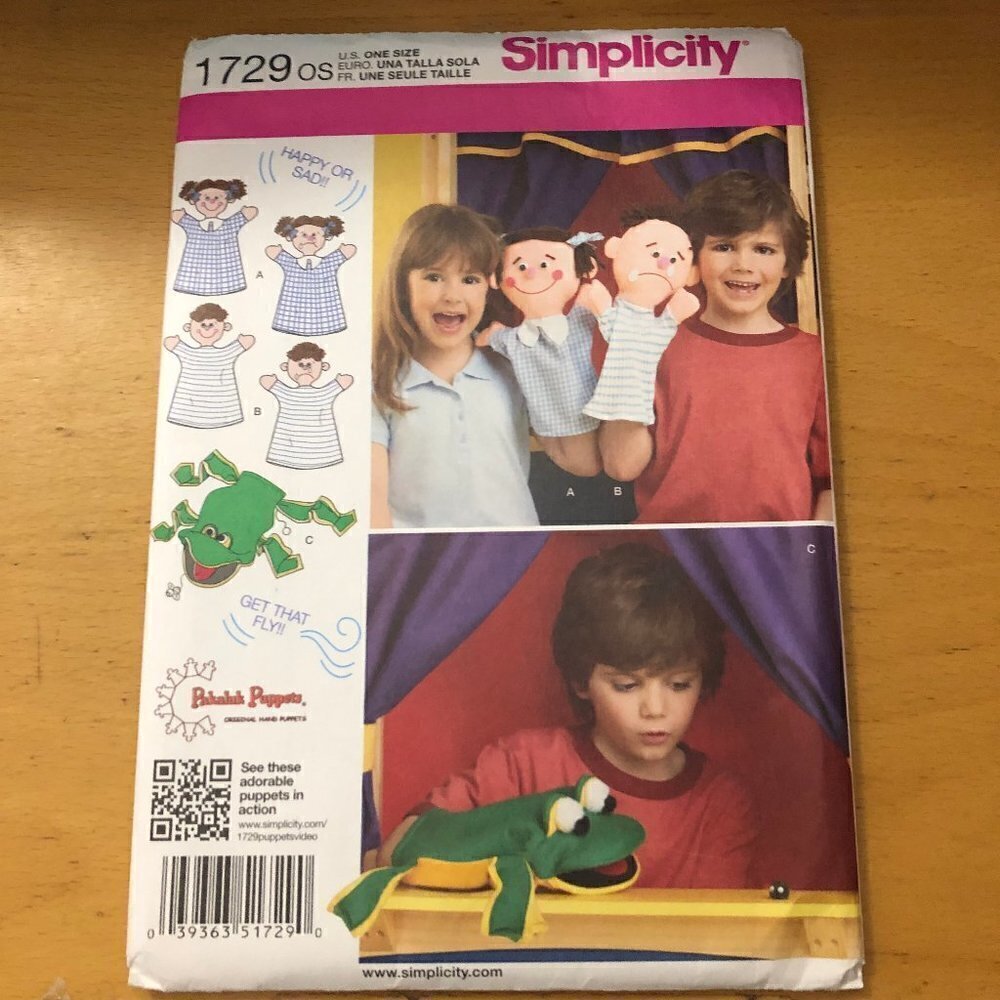 🛒$6 - Simplicity Sewing Craft Pattern 1729 - Use to Make - Hand Puppets Toy